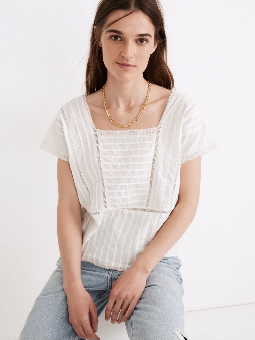 Madewell Lace-Inset Pintuck Top in Lighthouse